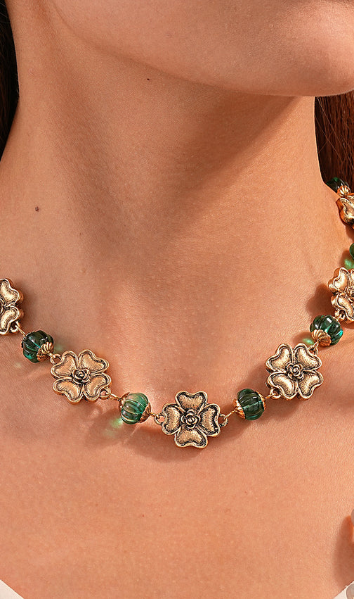 Jacoby Vintage Floral & Teal Beaded Choker Necklace for Women