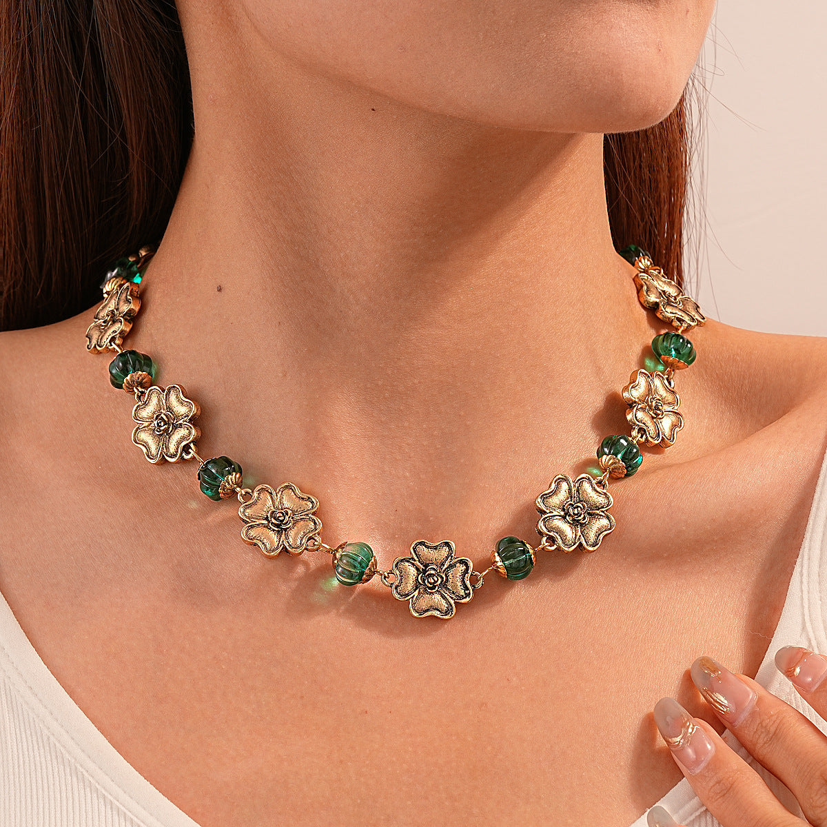 Jacoby Vintage Floral & Teal Beaded Choker Necklace for Women