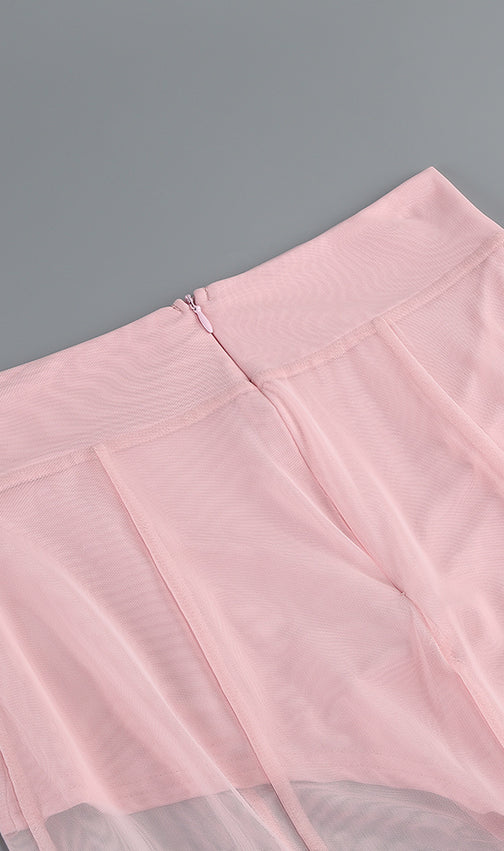 Ilham Chic Pink Tailored Blazer & Sheer Mesh Maxi Skirt Set - Modern Statement Ensemble