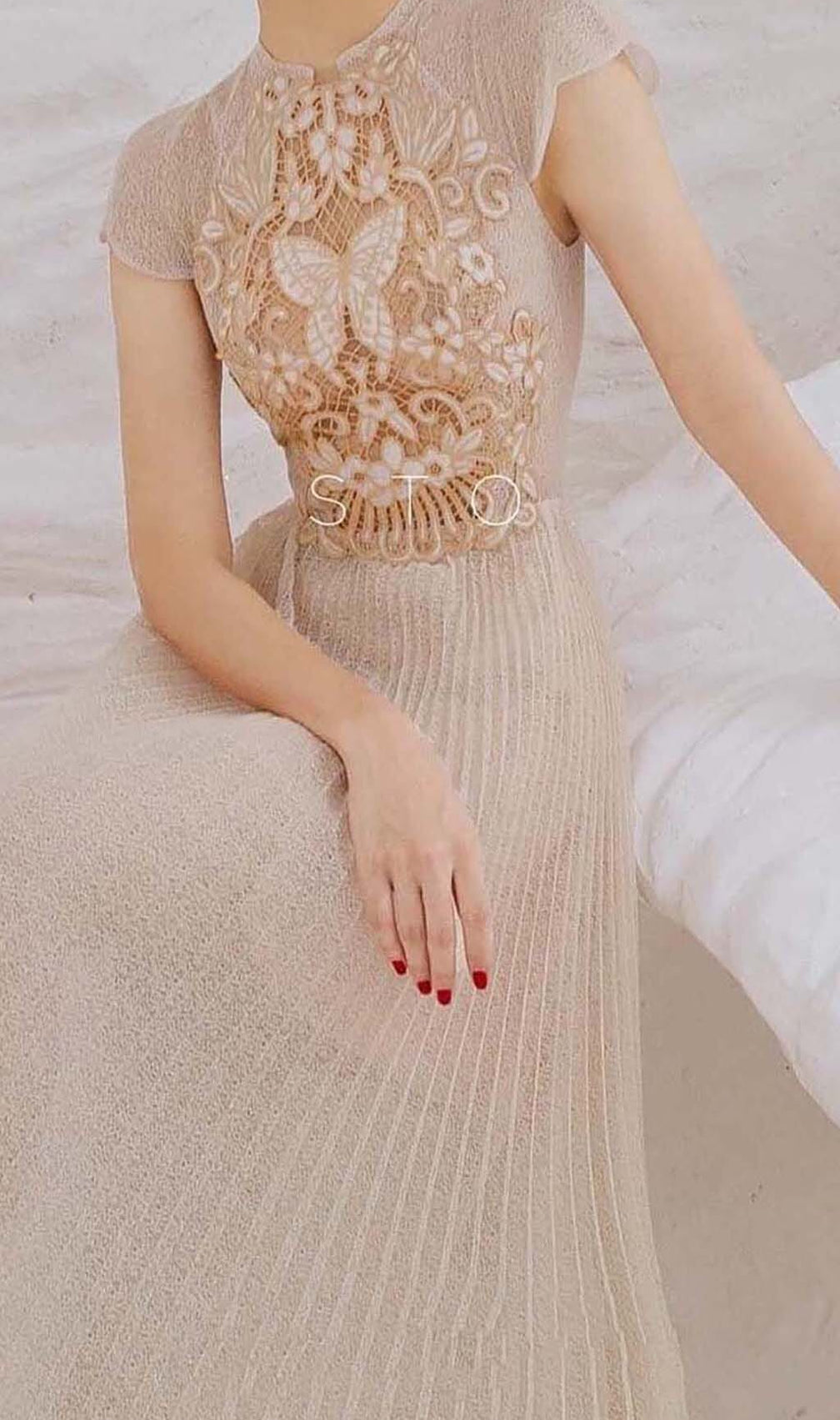 Pleated Embroidery Midi Dress In Beige