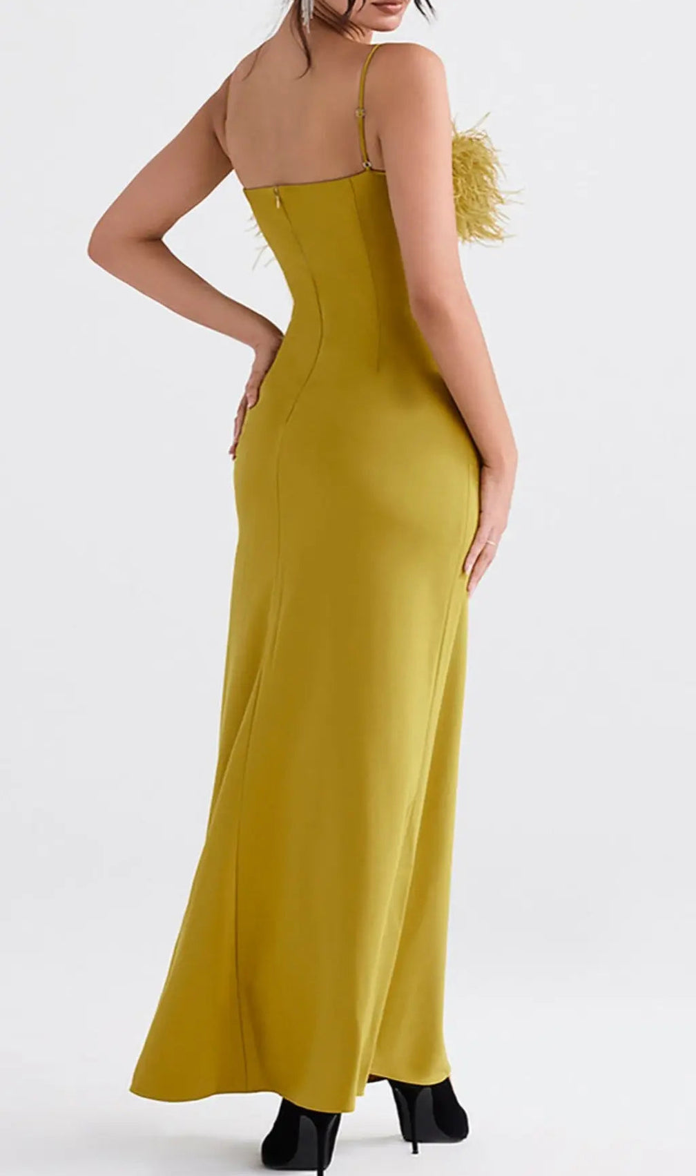 Chartreuse Strappy Feather-Trim Maxi Dress