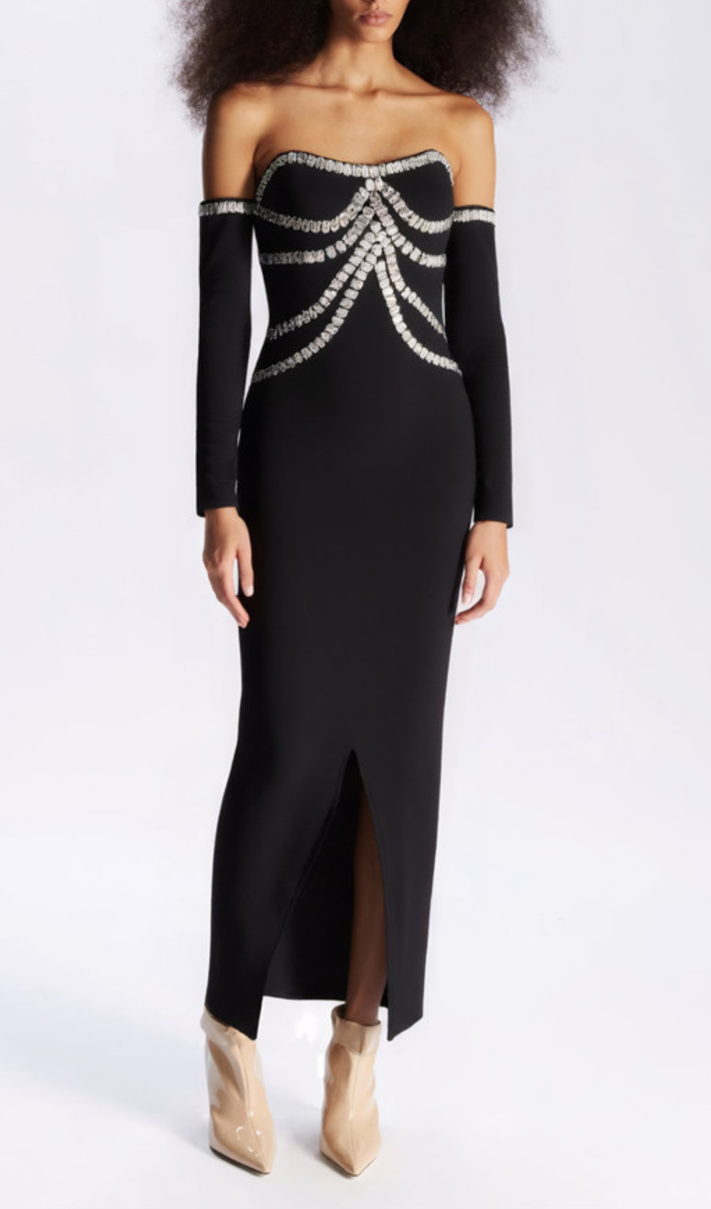 Gandhi Black Rhinestone Off-Shoulder Maxi Dress