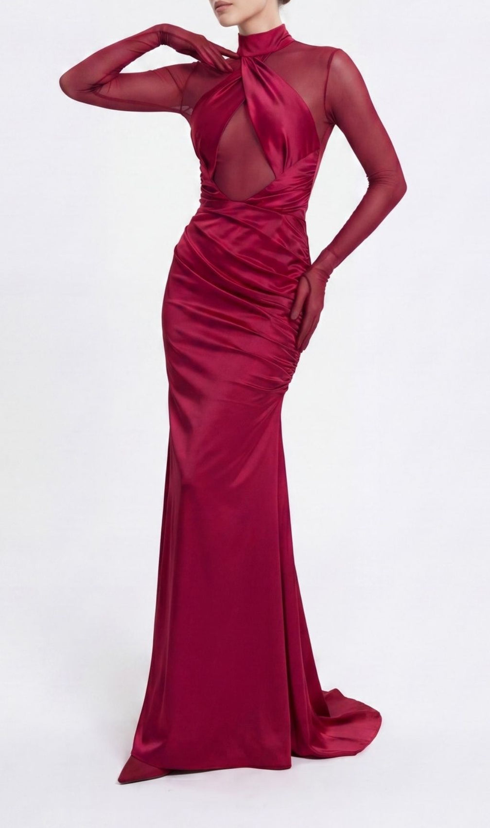 Khadiga Red Satin Long Sleeve Gown | Twist Front Cutout Evening Dress