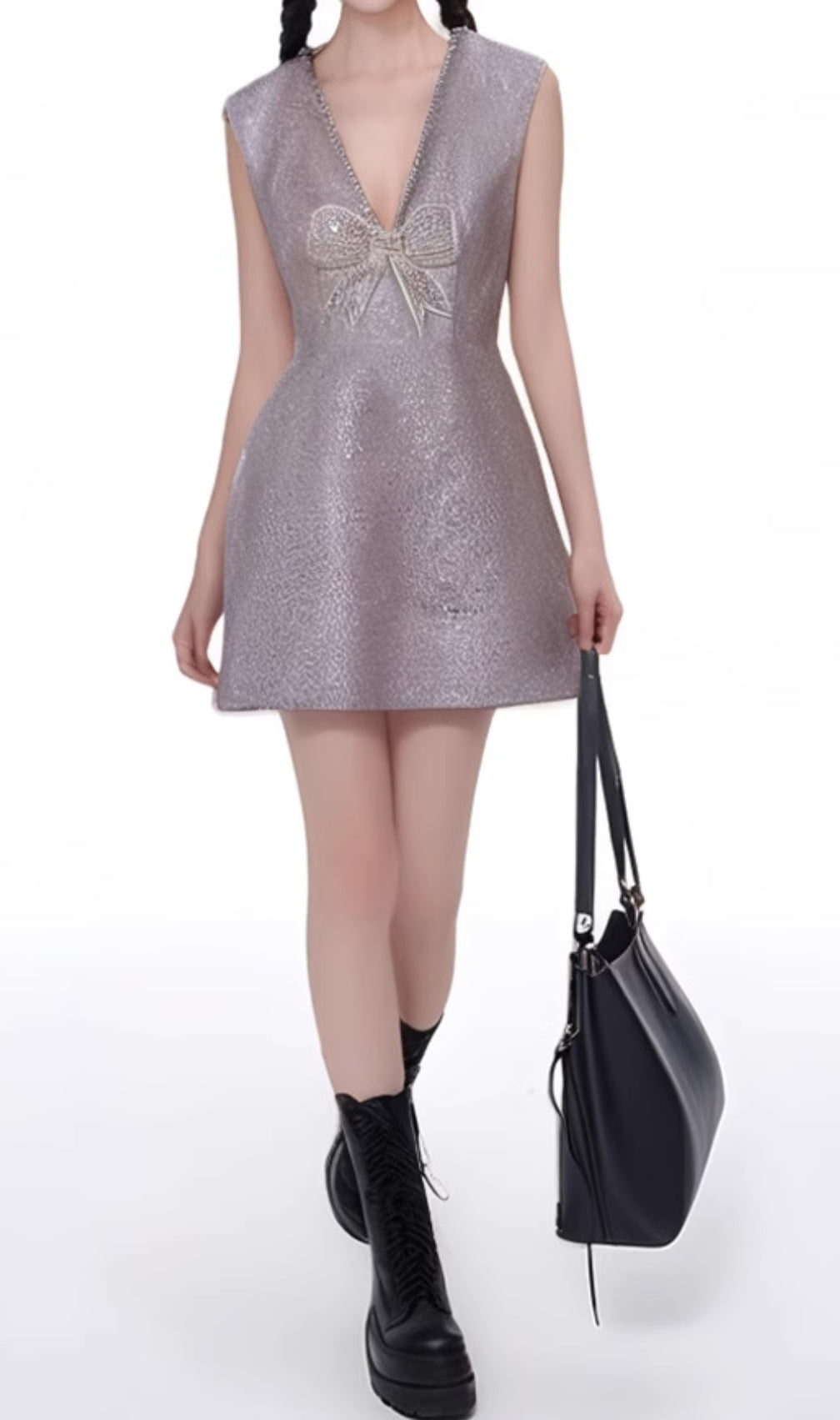 Cherish Purple Deep V-Neck Bow Mini Dress