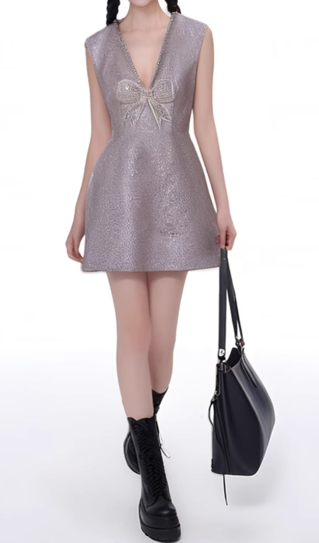 Cherish Purple Deep V-Neck Bow Mini Dress