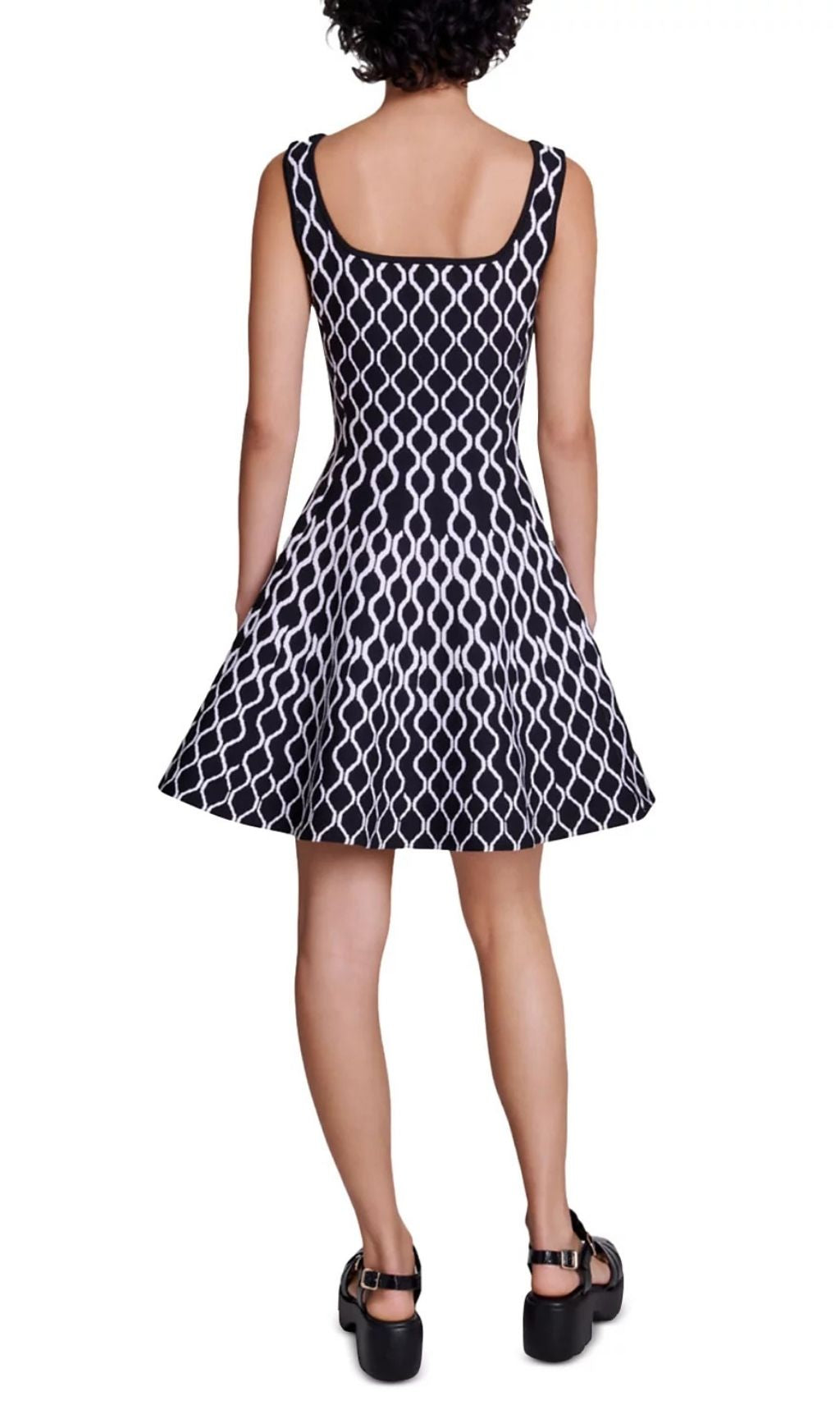 Russel Chic Geometric Knit Skater Dress with Square Neck & Pockets
