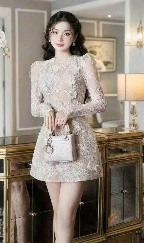 AMY Elegant Beige Floral Lace Mini Dress | Puffed Long Sleeve & Sheer Appliques