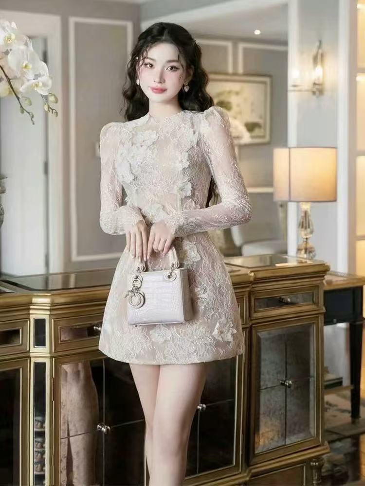 AMY Elegant Beige Floral Lace Mini Dress | Puffed Long Sleeve & Sheer Appliques