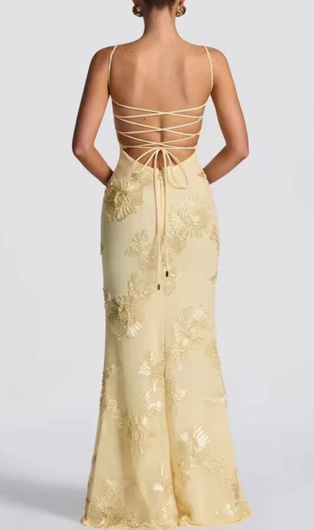 Jaleh Champagne Floral Embroidered Backless Maxi Gown