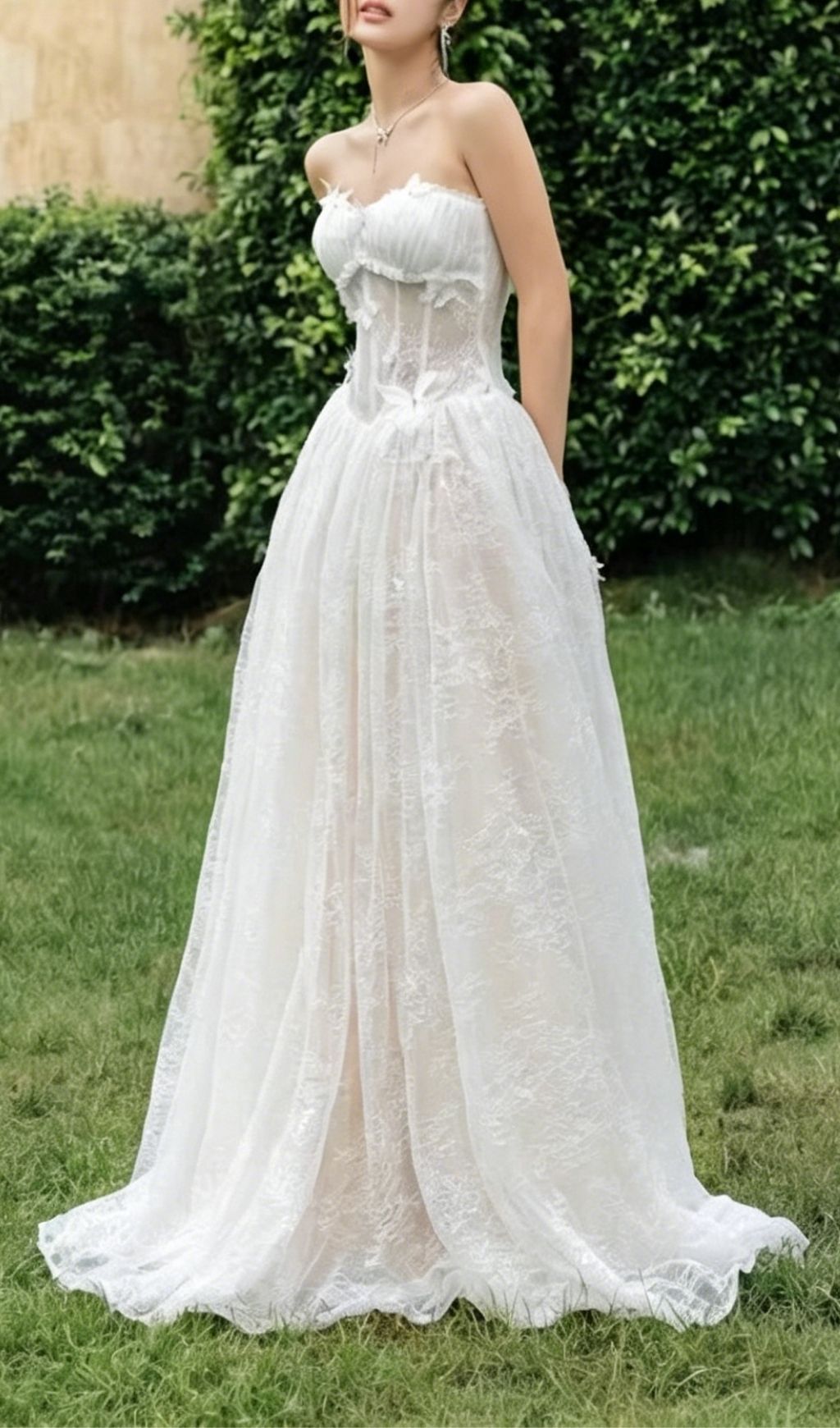 Sally 3D Butterfly Waist-Cinching Strapless Lace Maxi Dress