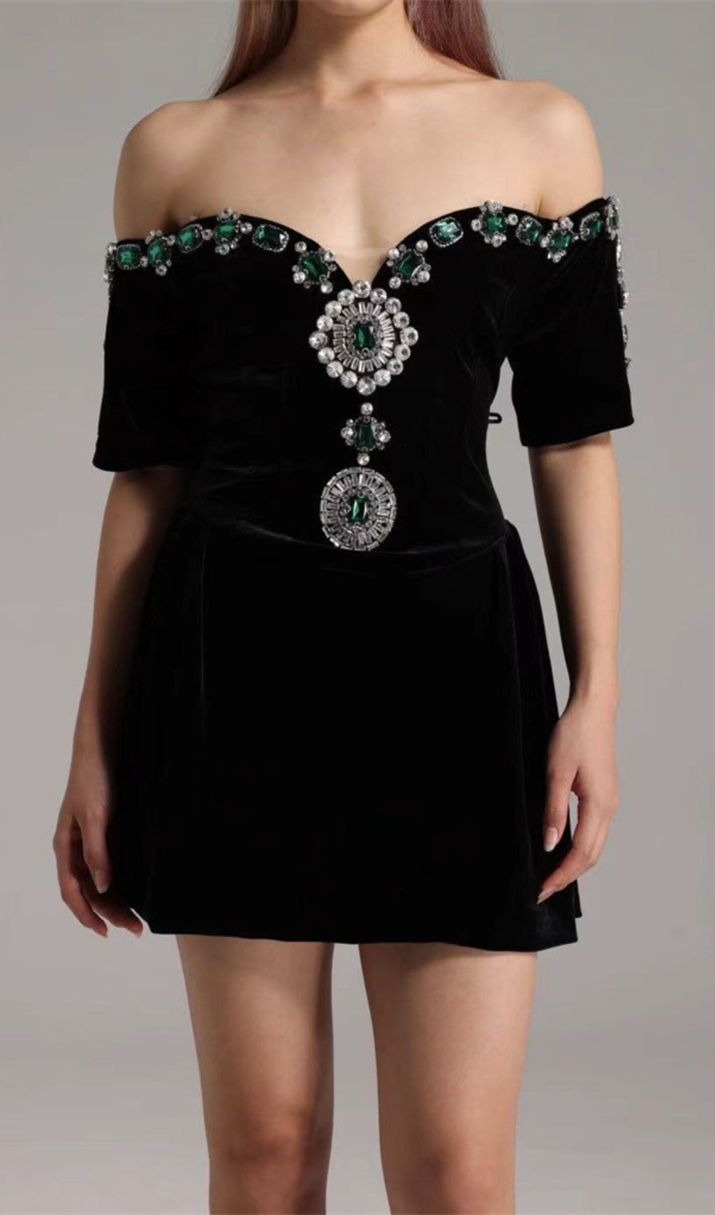 Dottie Black Off-Shoulder Rhinestone Mini Dress
