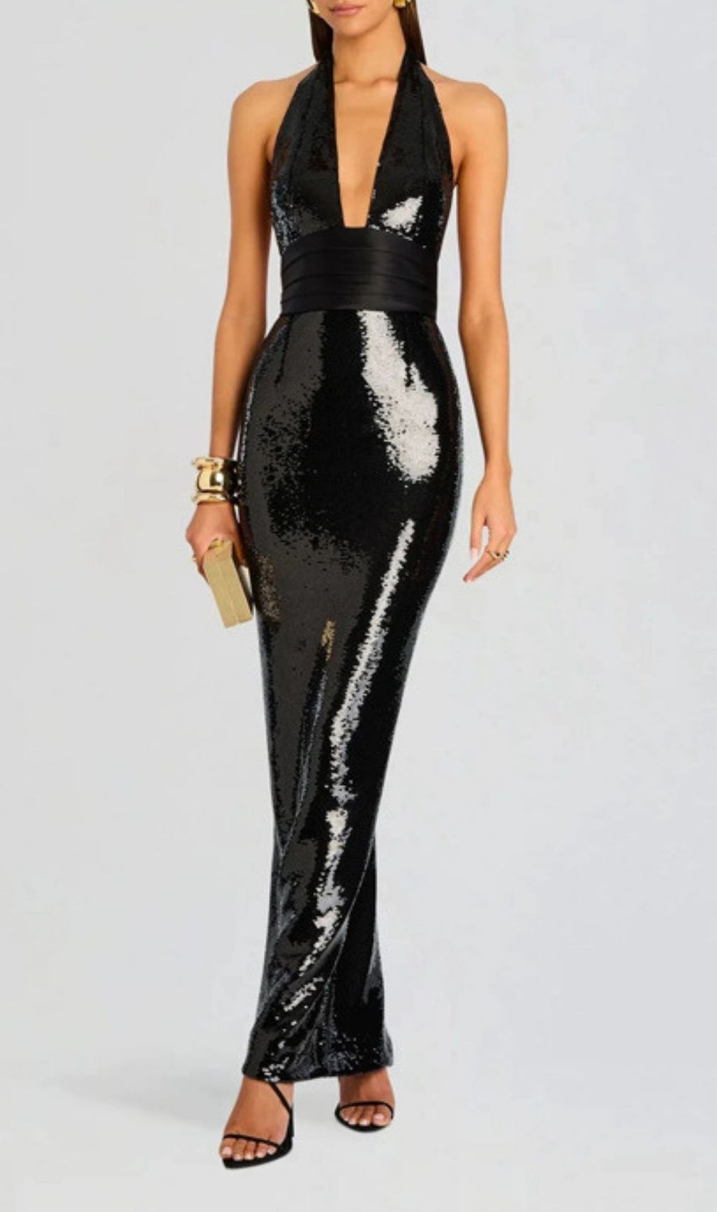 Keva Dazzling Black Sequin Halter Maxi Dress | Red Carpet Glamour Gown