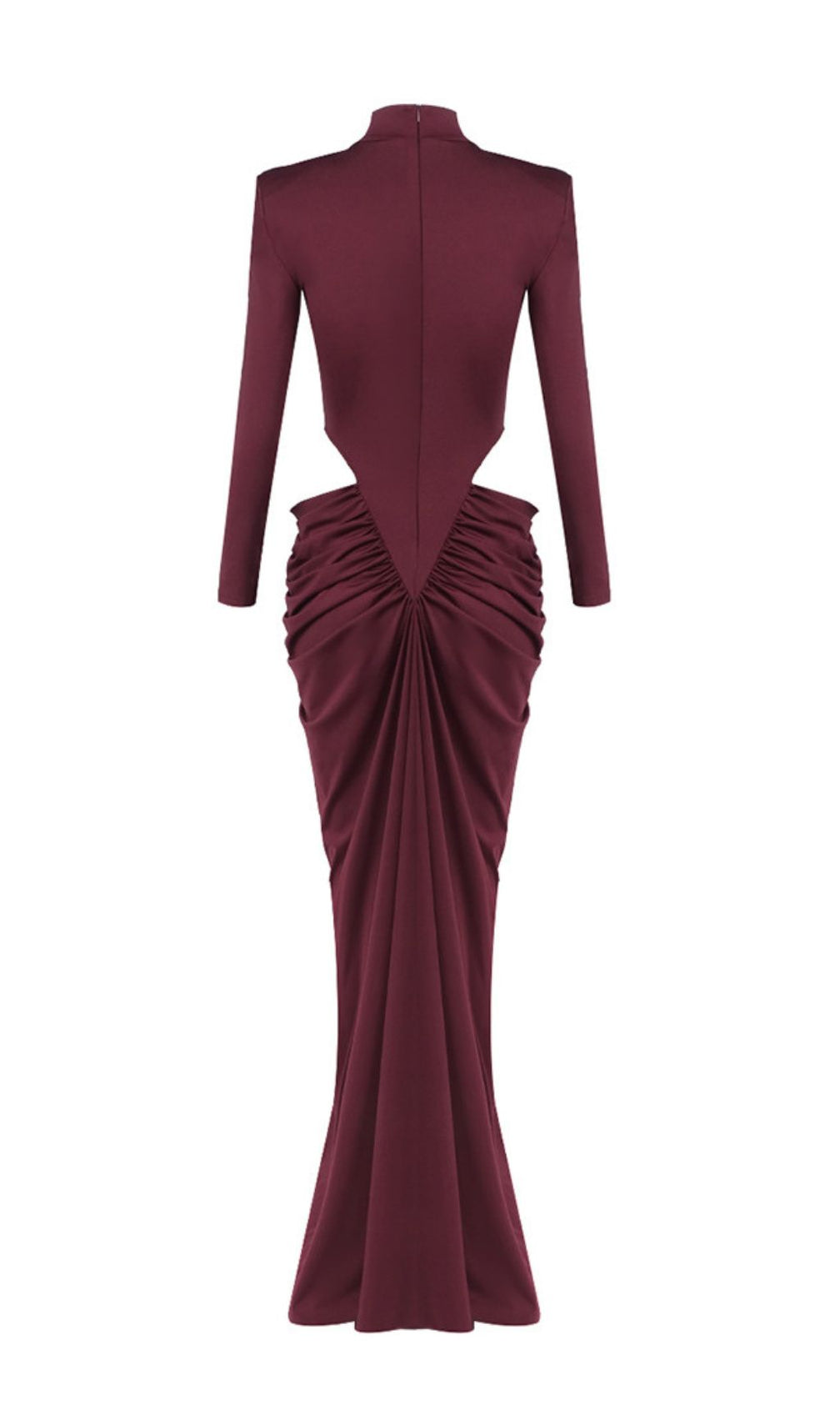 Jera Wine Elegant Cutout Ruched Maxi Dress - Long Sleeve Evening Gown