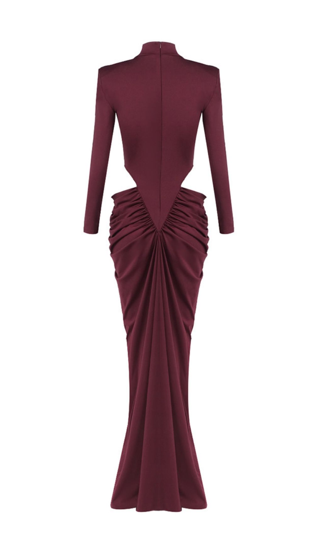 Jera Wine Elegant Cutout Ruched Maxi Dress - Long Sleeve Evening Gown