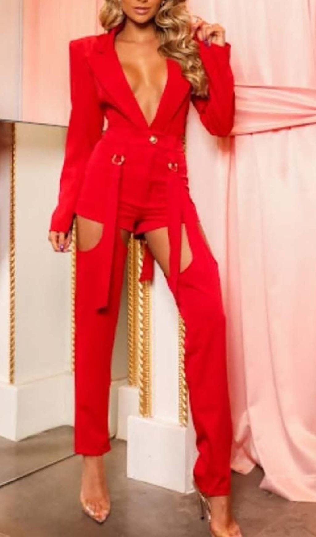 Cutout Backless Three Piece Set In Red