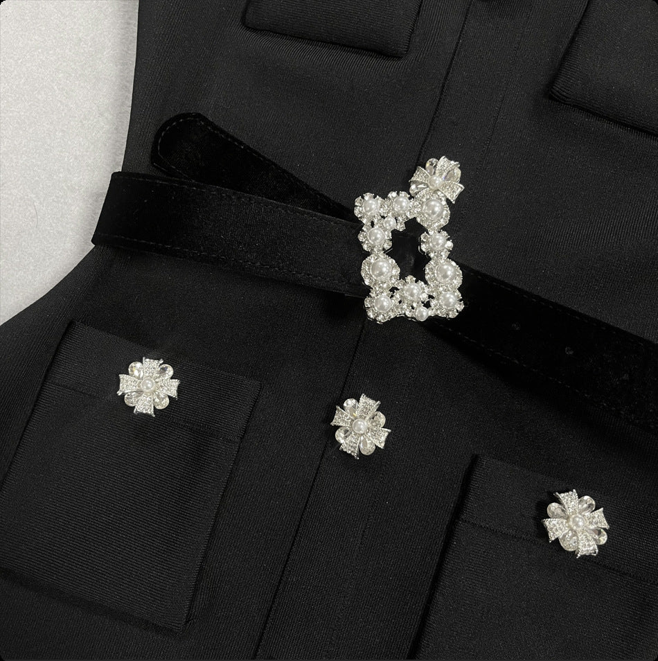 Karolyn Elegant Black Knit Midi Dress | White Lace Trim & Crystal Accents