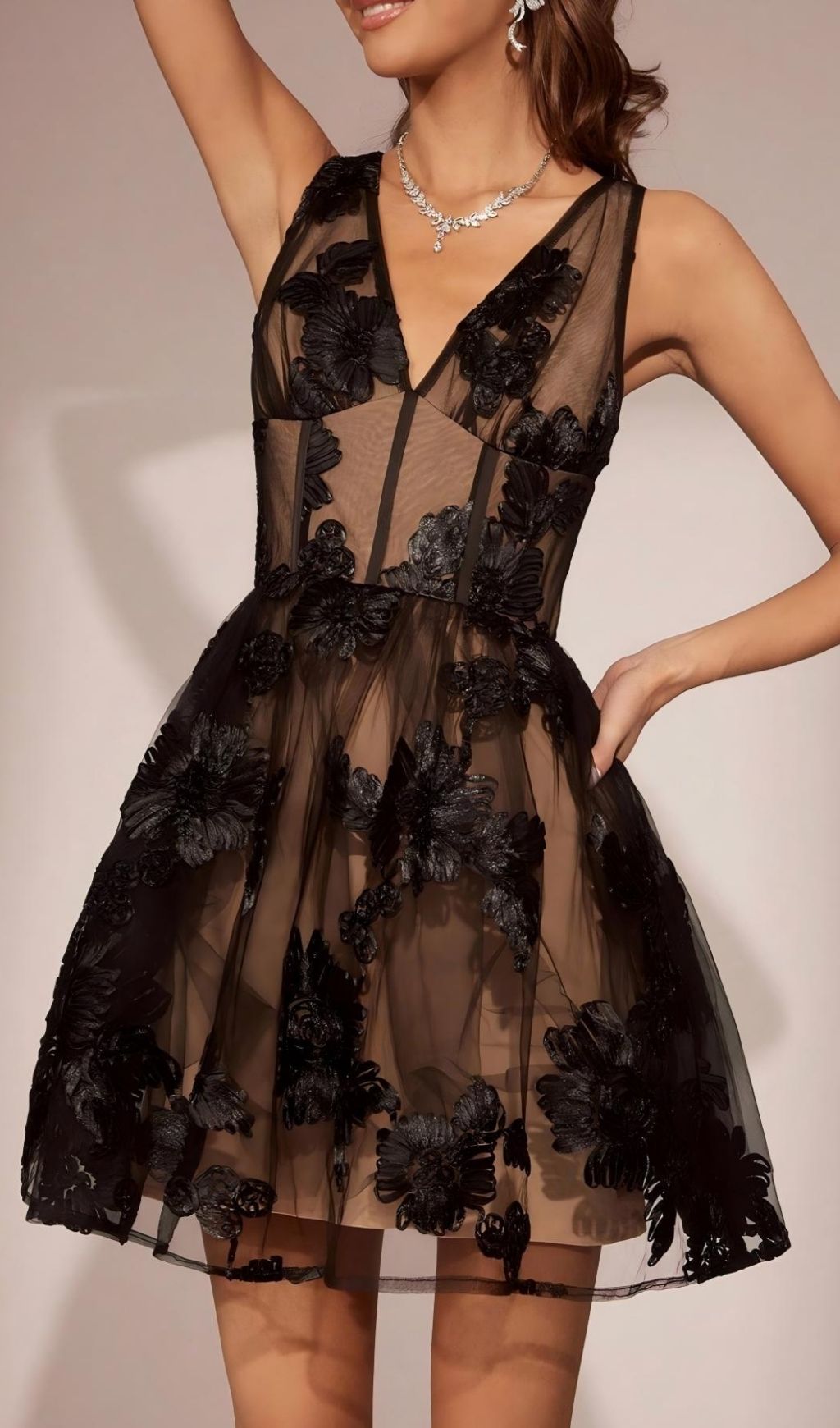 Lamaria Black Sleeveless Flower Mesh Mini Dress