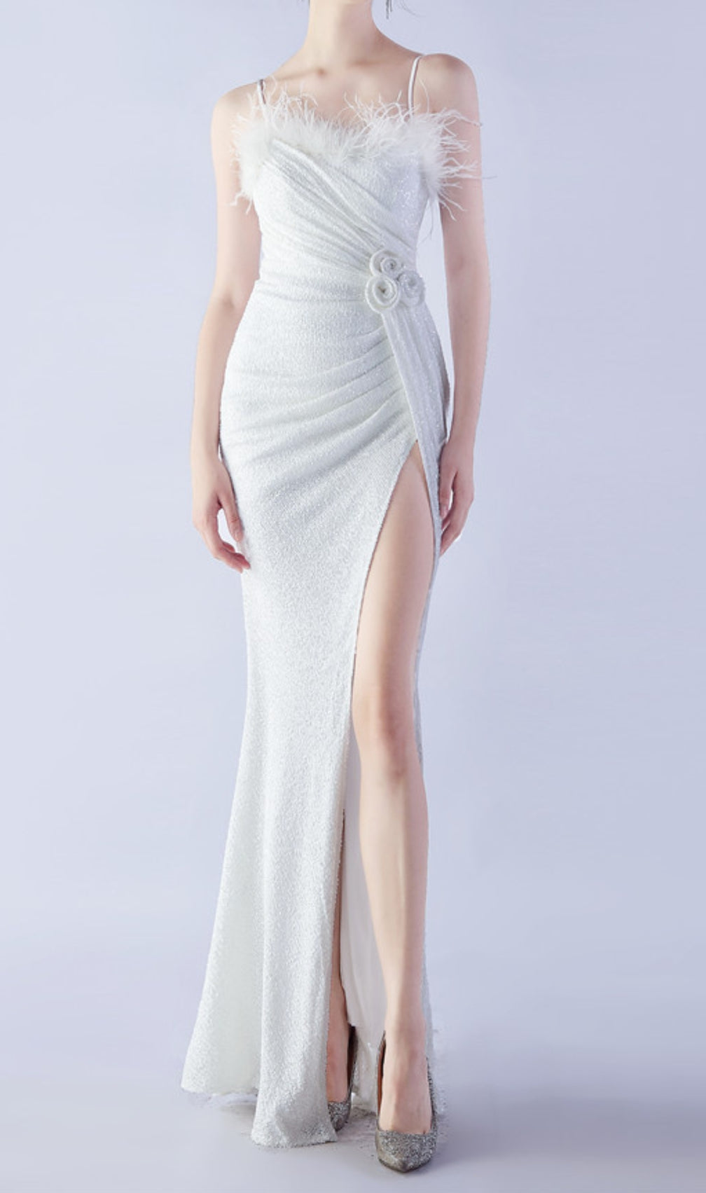 Chroma White Sequin Flower Feather Maxi Dress