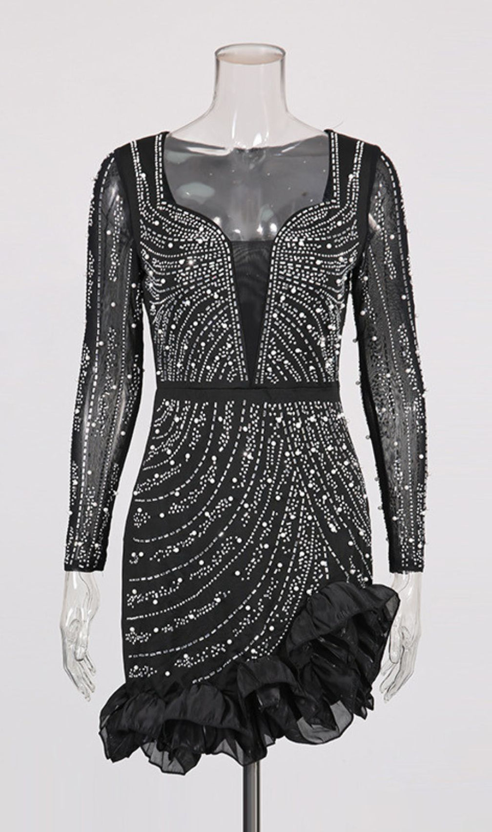 Hawkeye Dazzling Black Crystal & Pearl Beaded Long Sleeve Mini Dress