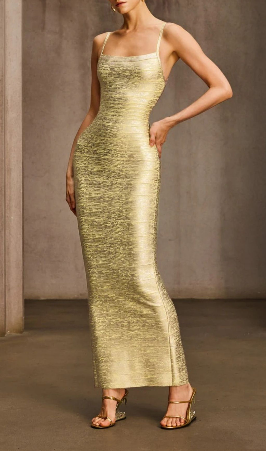 Donyelle Luxe Gold Bodycon Maxi Dress | Spaghetti Strap Bandage Gown