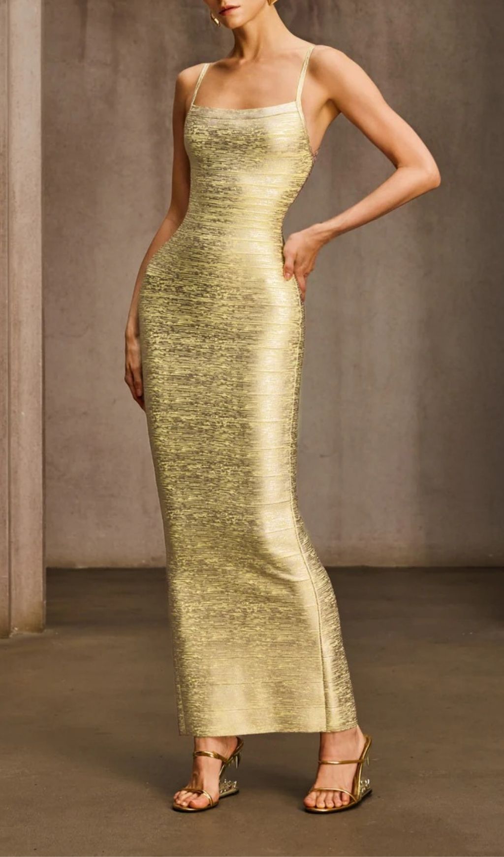 Donyelle Luxe Gold Bodycon Maxi Dress | Spaghetti Strap Bandage Gown