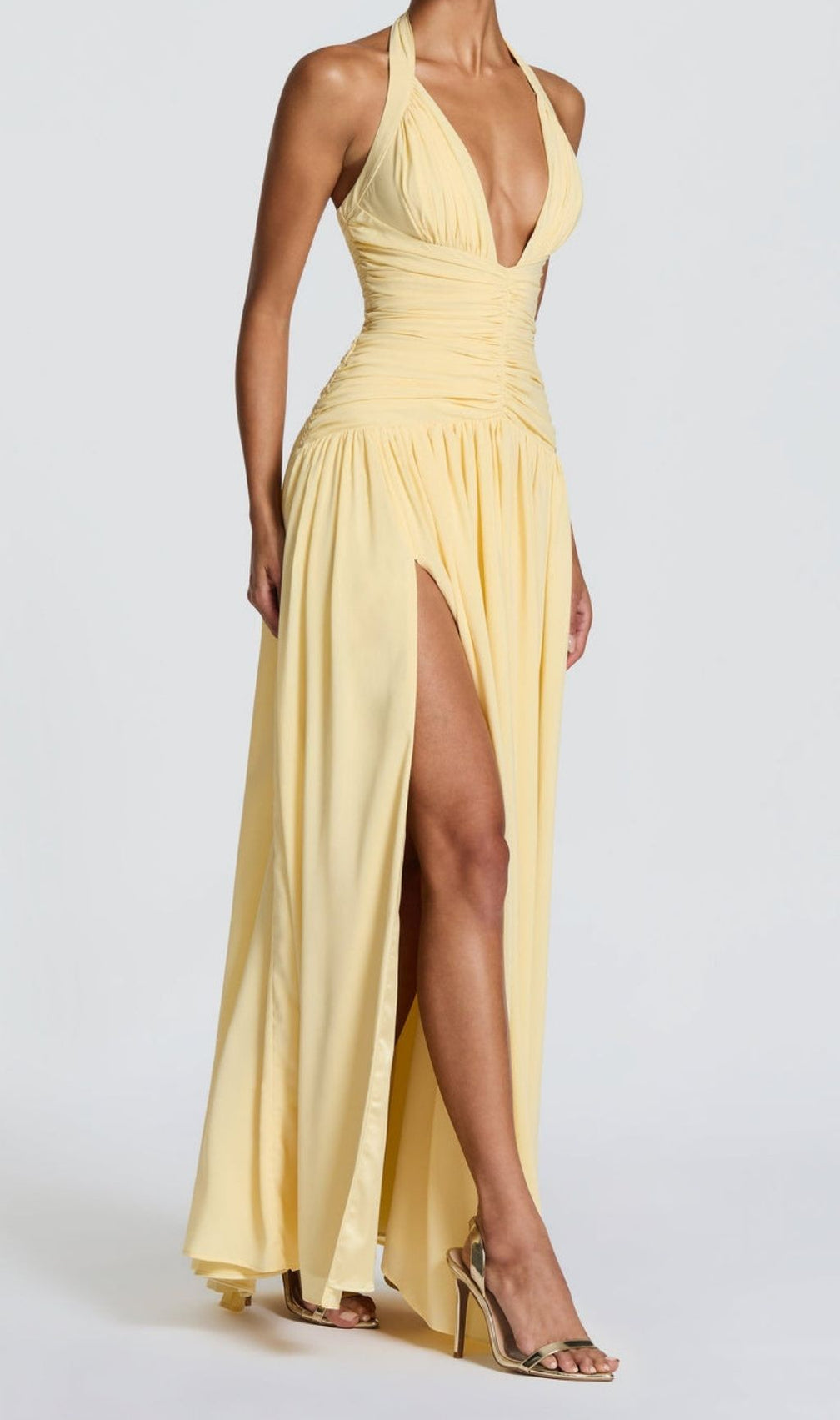 Kelley Radiant Yellow Halter Ruched Maxi Gown with High Slit