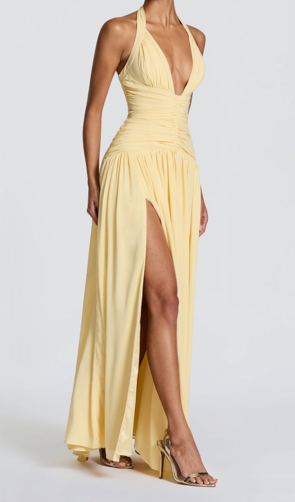 Kelley Radiant Yellow Halter Ruched Maxi Gown with High Slit