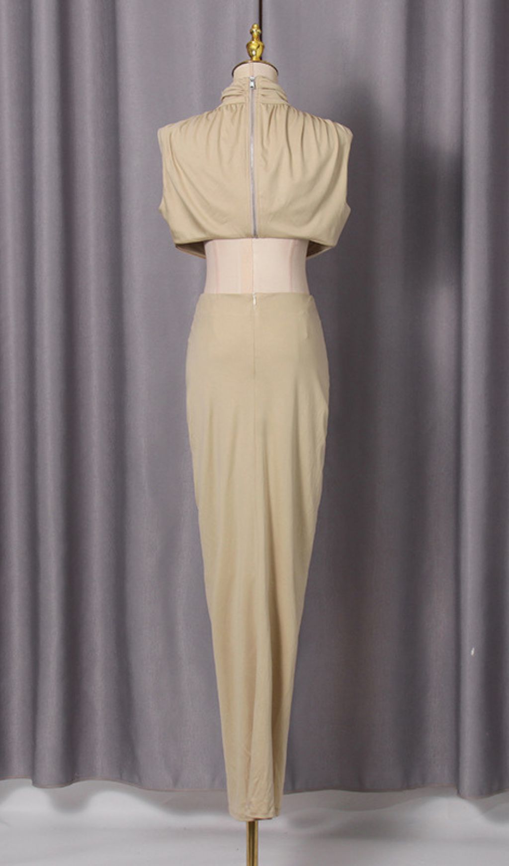 Itxaro Khaki Halter Cutout Maxi Dress: Modern Bohemian Glamour