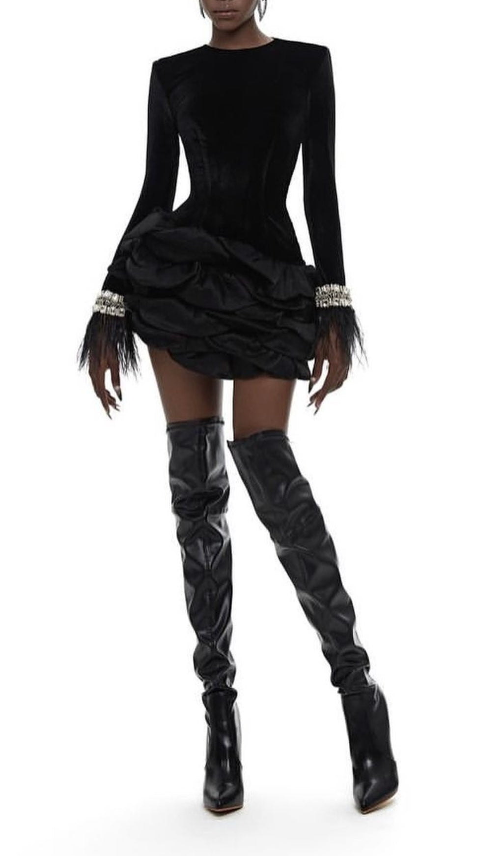 Cardea Black Crystal Feather Ruffle Mini Dress