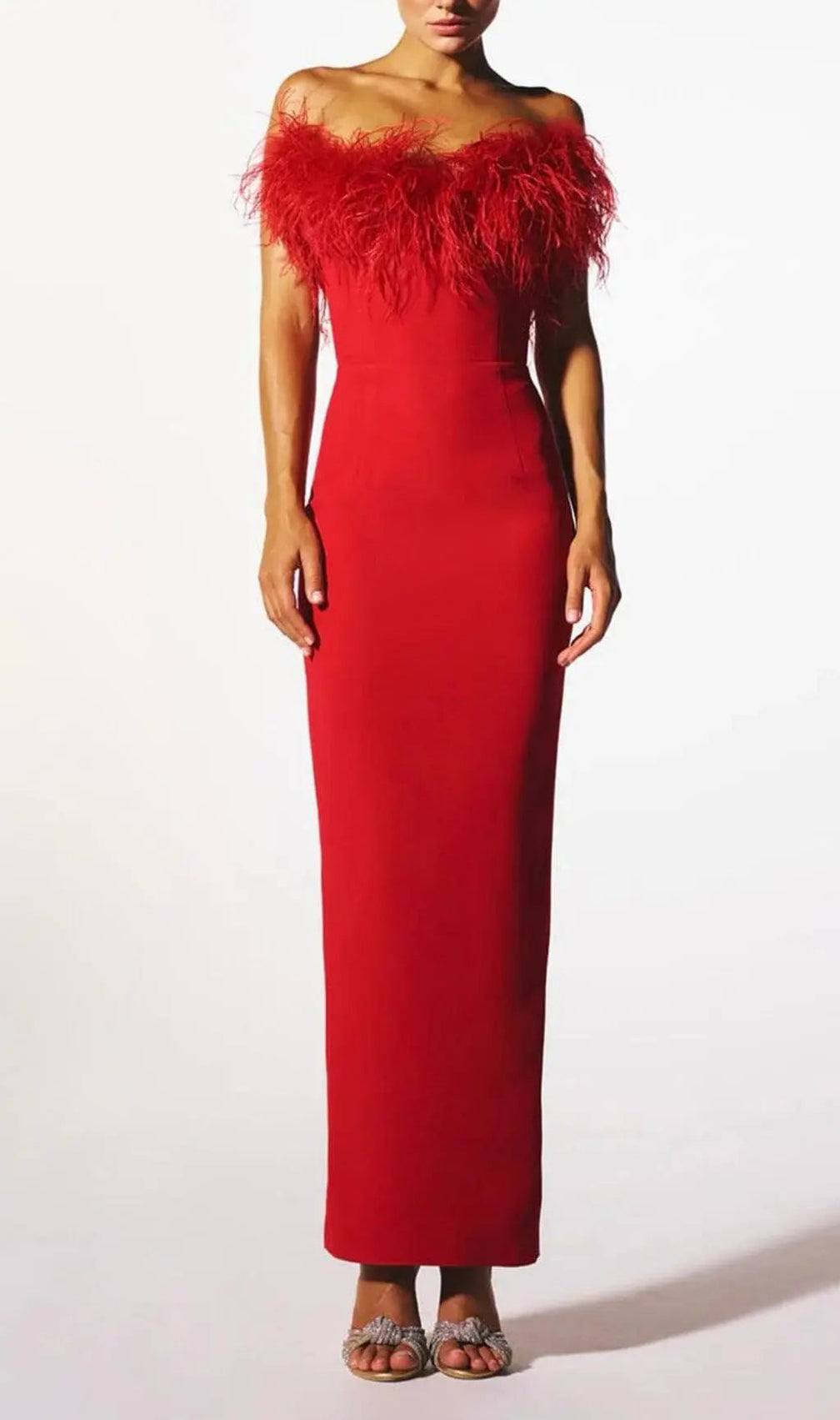 Stretch Strapless Feather Trimmed Gown In Red