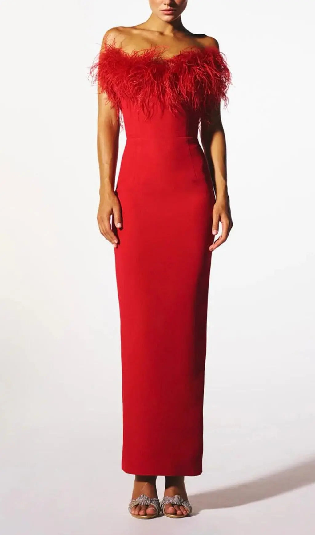 Stretch Strapless Feather Trimmed Gown In Red