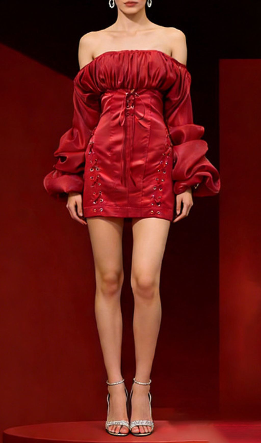 Kalena Red Satin Off-Shoulder Mini Dress | Puff Sleeves & Lace-Up Corset Detail