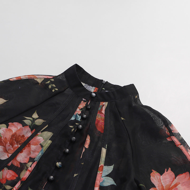 Jitka Black Floral Maxi Dress - Elegant Long Sleeve Button-Front Gown for Women