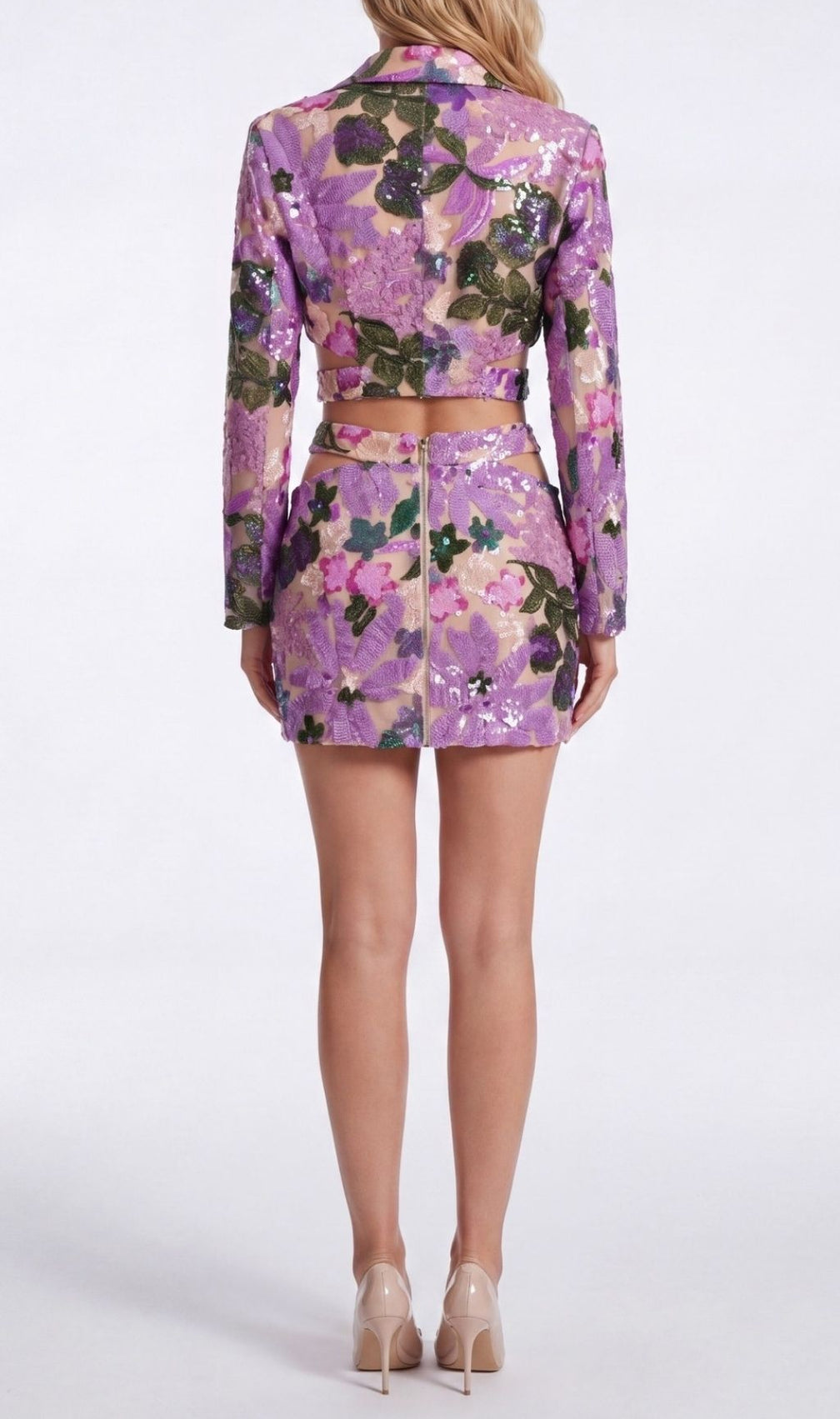 Kendra Dazzling Purple Sequin Floral Two-Piece Set | Glamorous Crop Top & Mini Skirt