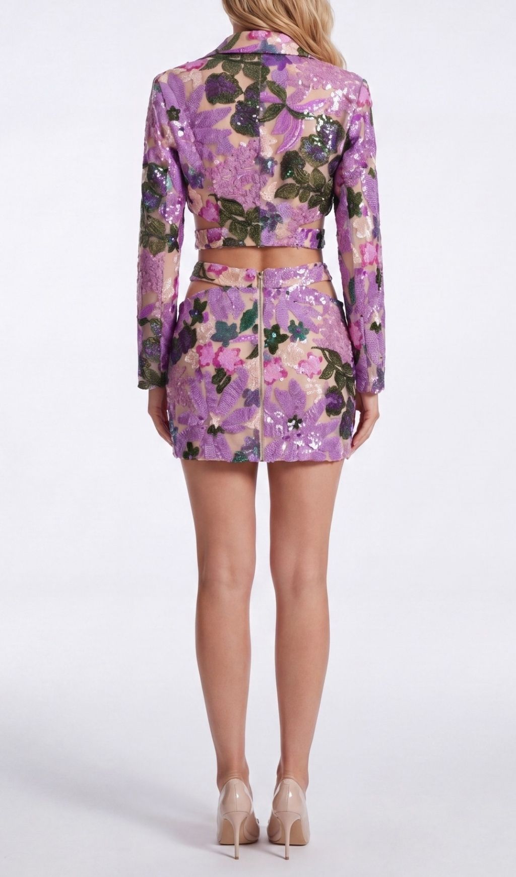 Kendra Dazzling Purple Sequin Floral Two-Piece Set | Glamorous Crop Top & Mini Skirt