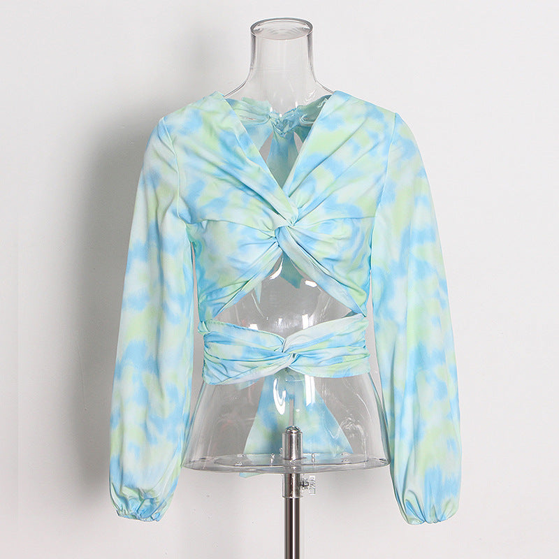 Chic Tie-Dye Twisted Cutout Long Sleeve Crop Top for Women