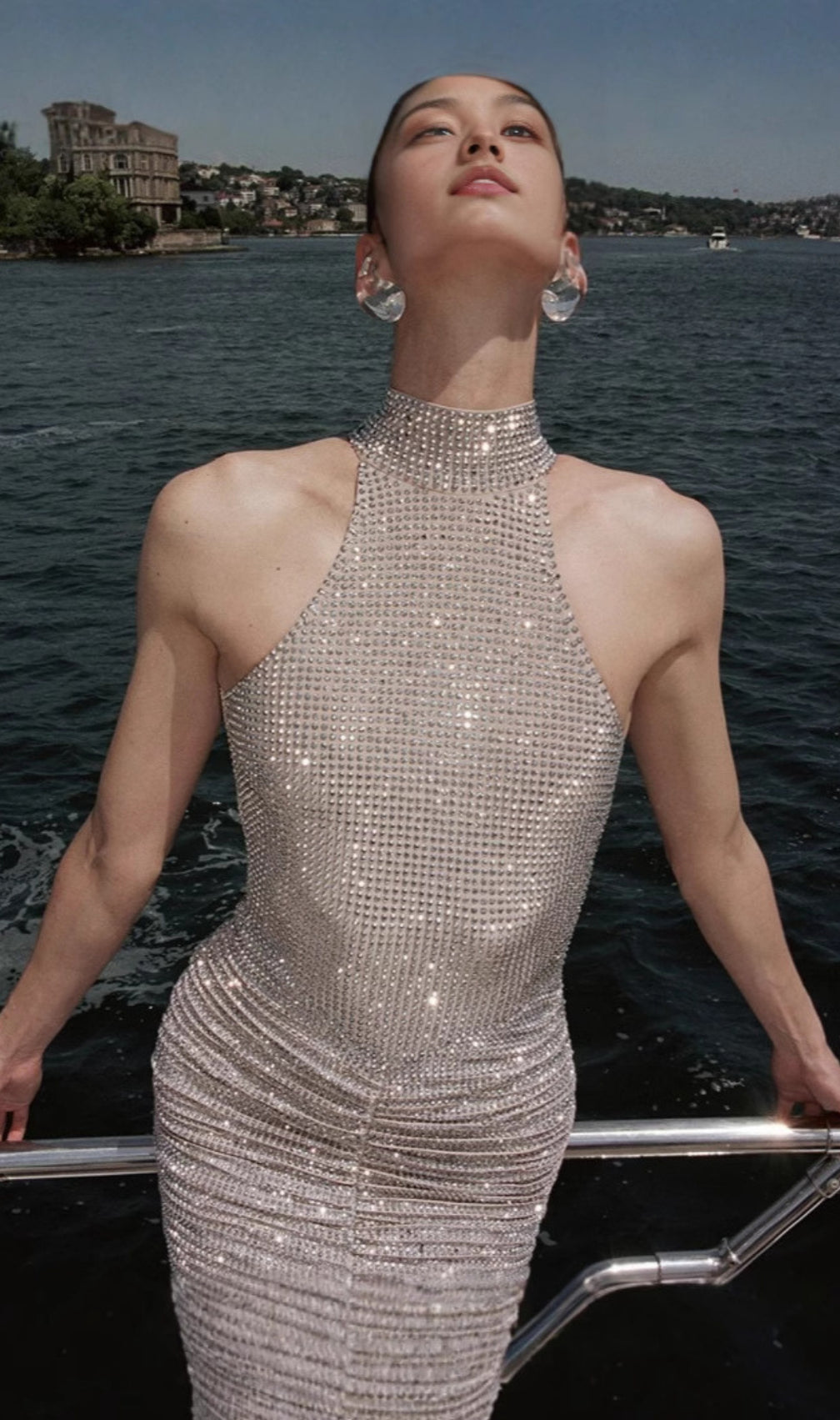 Cherine Halter Crystal Ruched Maxi Dress