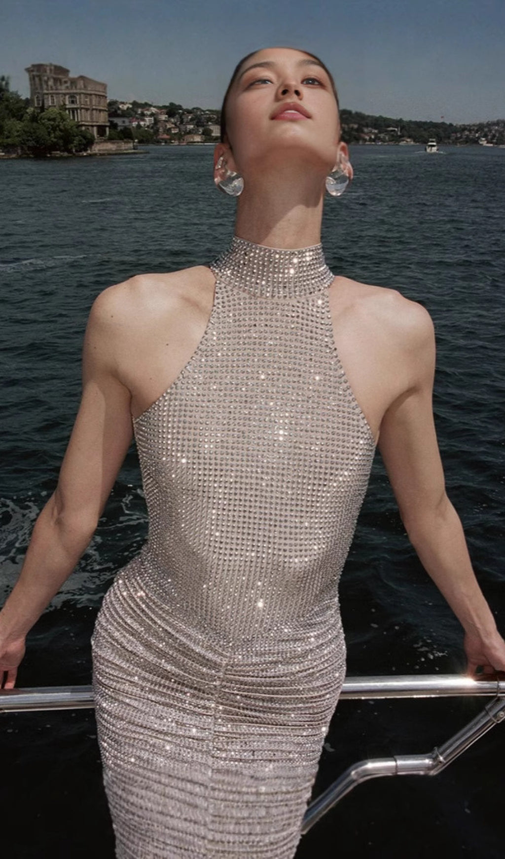 Cherine Halter Crystal Ruched Maxi Dress