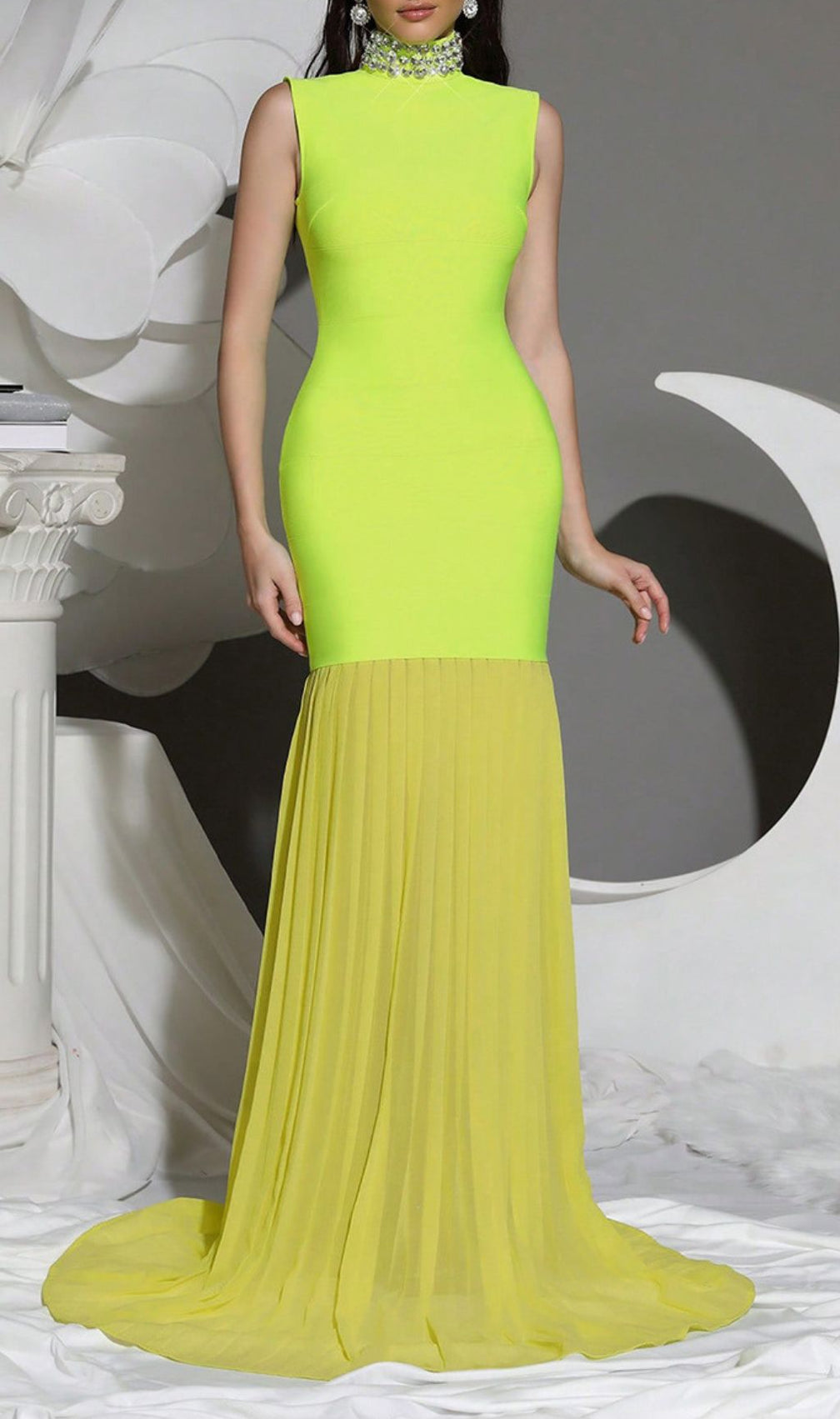 Hariata Luxe: Dazzling Neon Green Diamante Bandage Maxi Dress