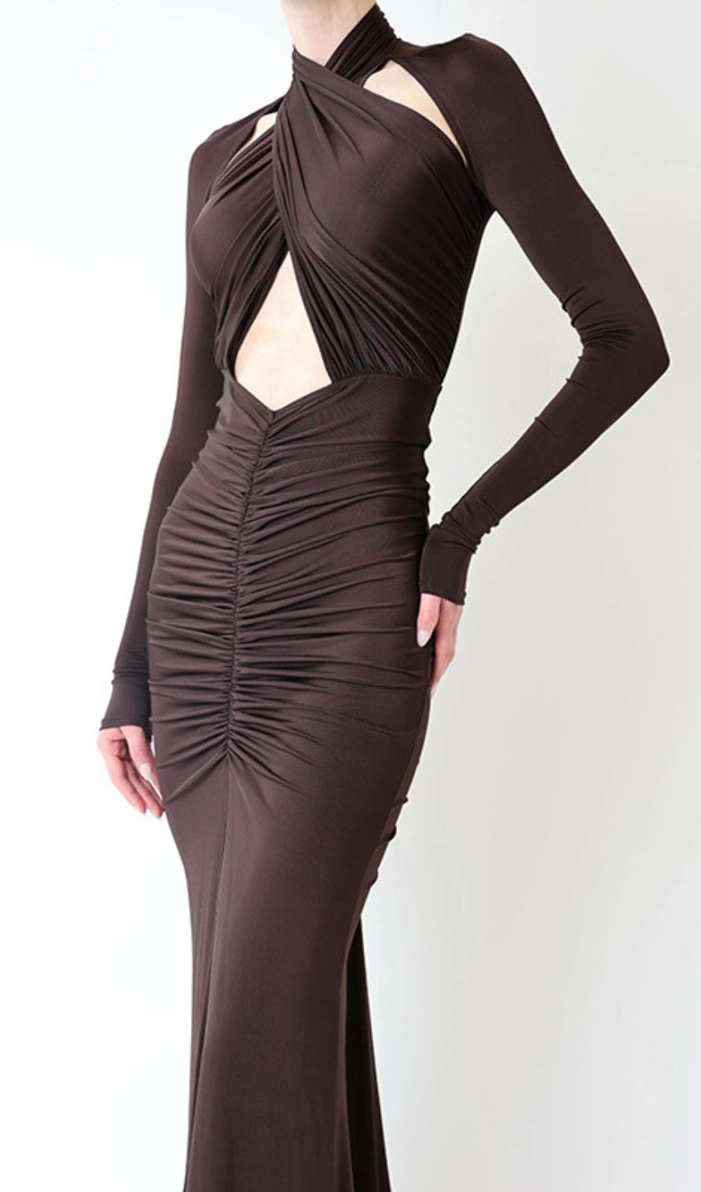 Inaya Coffee Elegance: Ruched Cut-Out Long Sleeve Maxi Dress