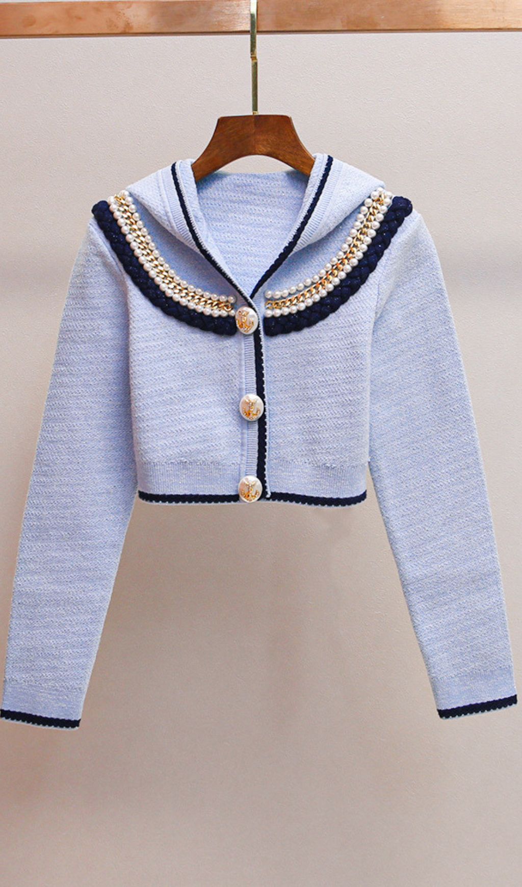 Humana Blue Beaded Cardigan | Chic Nautical Knit with Pearl & Anchor Details
