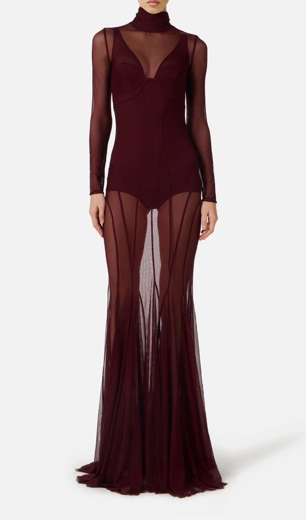 Kassie Allure Wine Sheer Mesh Long Sleeve Maxi Gown