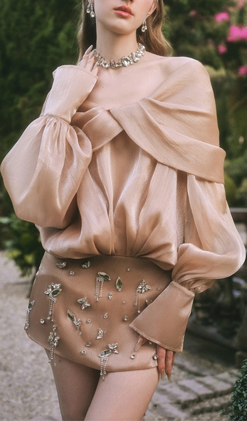 Dagmar Khaki Long Sleeve Rhinestone Mini Dress