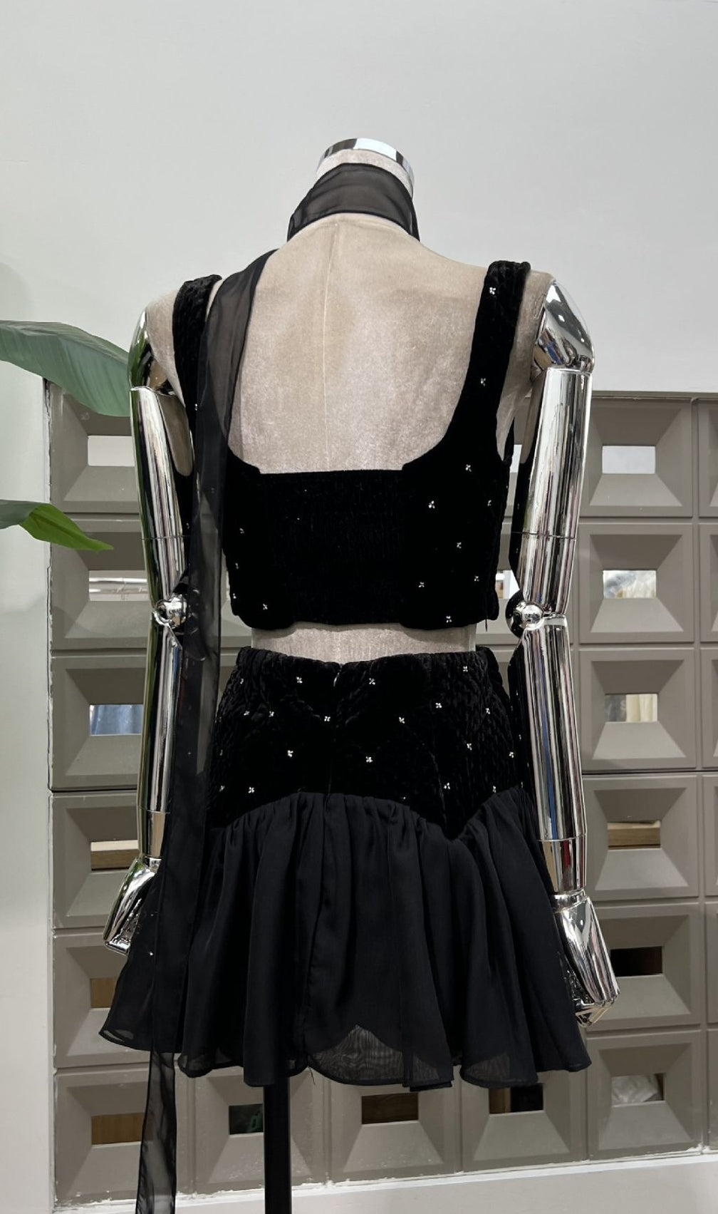 Isabell Black Embellished Velvet Crop Top & Ruffled Skirt Set - Party Ready