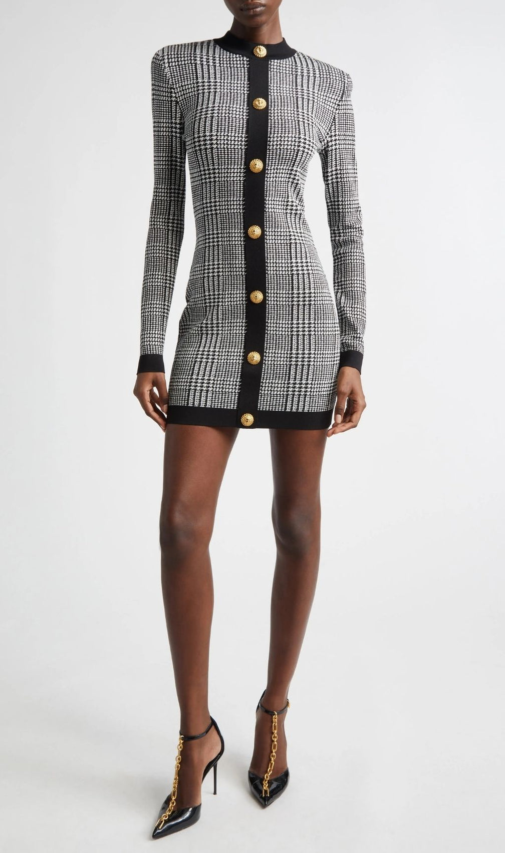 Karinda Chic Houndstooth Knit Mini Dress | Long Sleeve & Gold Buttons