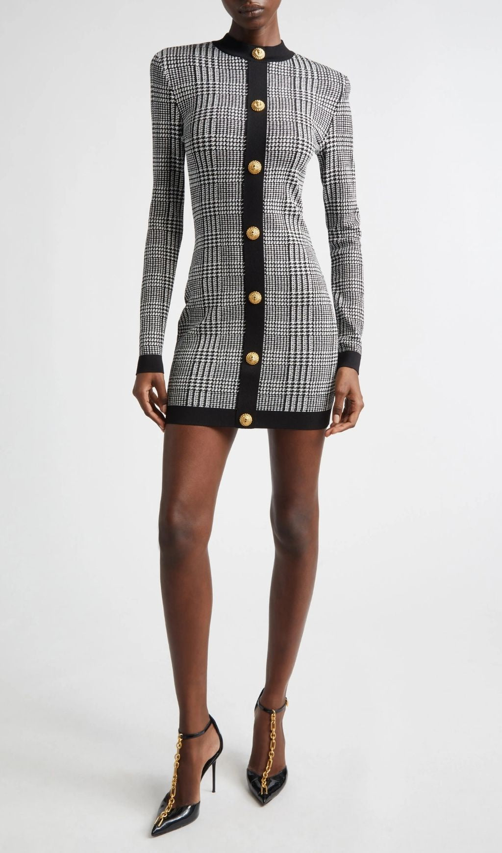 Karinda Chic Houndstooth Knit Mini Dress | Long Sleeve & Gold Buttons
