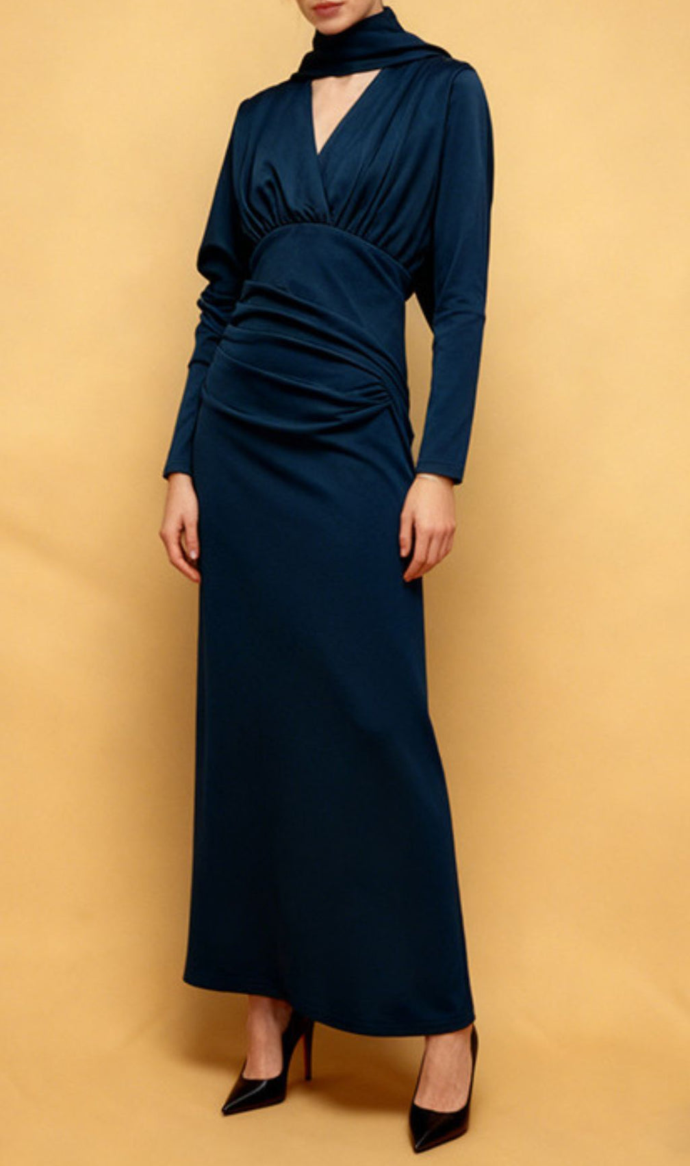 Jaana Elegant V-Neck Satin Long Sleeve Maxi Dress - Luxe Evening Gown