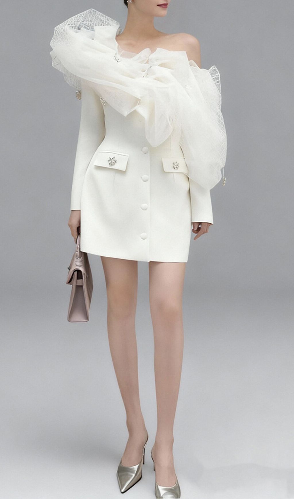 Jaylin Ethereal Cloud Off-Shoulder Mini Dress - White Mesh Party Gown