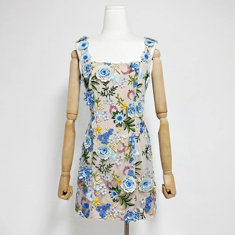 Fyodor Strappy Flower Embroidery Mini Dress