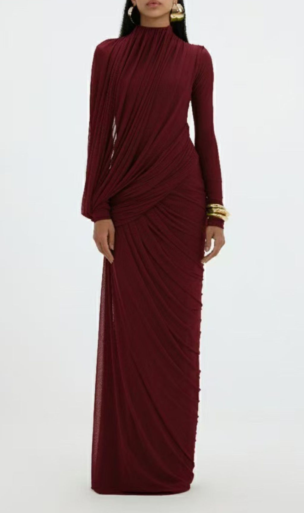 Johnda Elegant Ruched Long Sleeve Maxi Dress | Sophisticated Draped Formal Gown